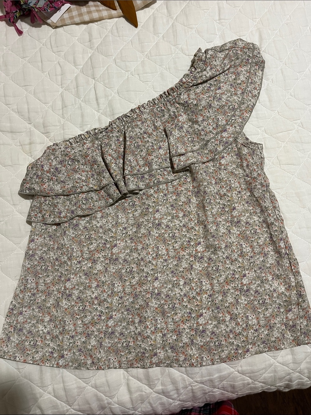 Floral One-Shoulder Ruffle Top - Cream Multi